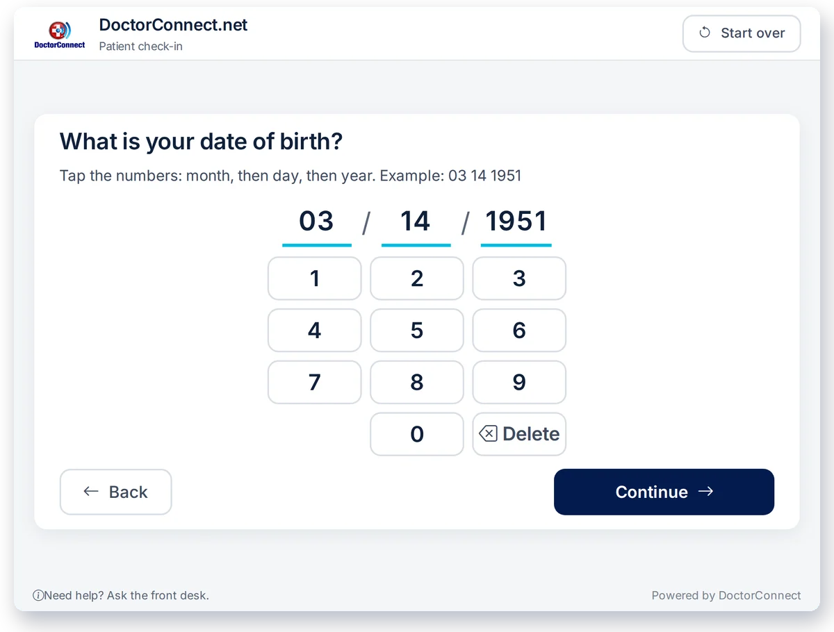 The kiosk date of birth screen with an on-screen number pad and the example date 03/14/1951 entered.