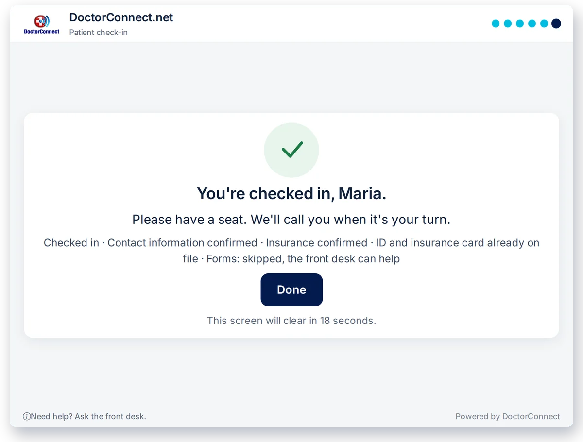 The kiosk done screen reading You're checked in, with a summary of confirmed contact information, confirmed insurance and skipped forms.