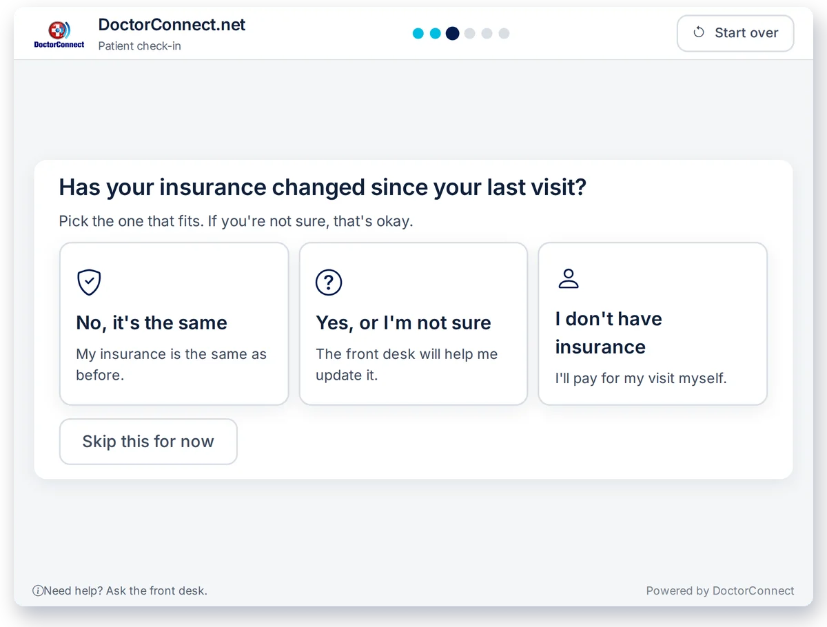 The kiosk insurance question with three large choices: No, it's the same; Yes, or I'm not sure; and I don't have insurance.