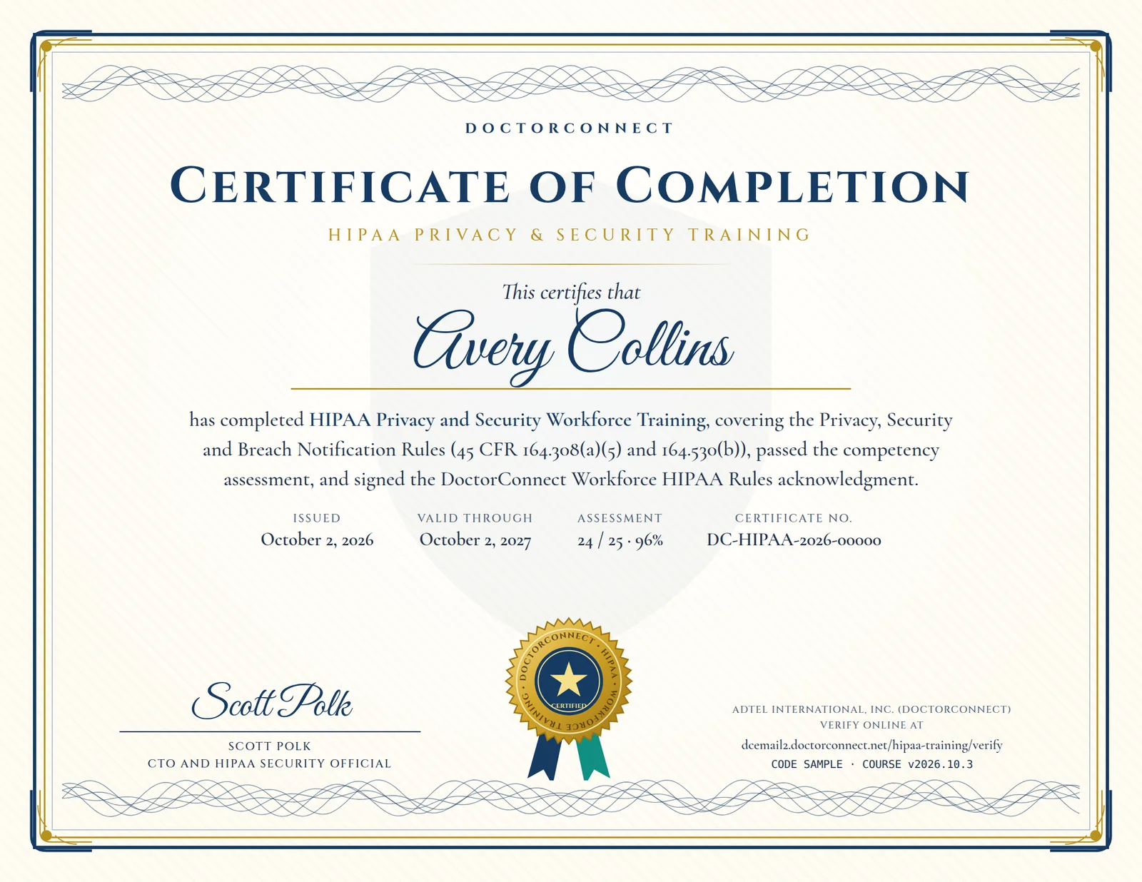 Sample HIPAA Privacy and Security Training certificate of completion with a gold seal, signature line and verification code