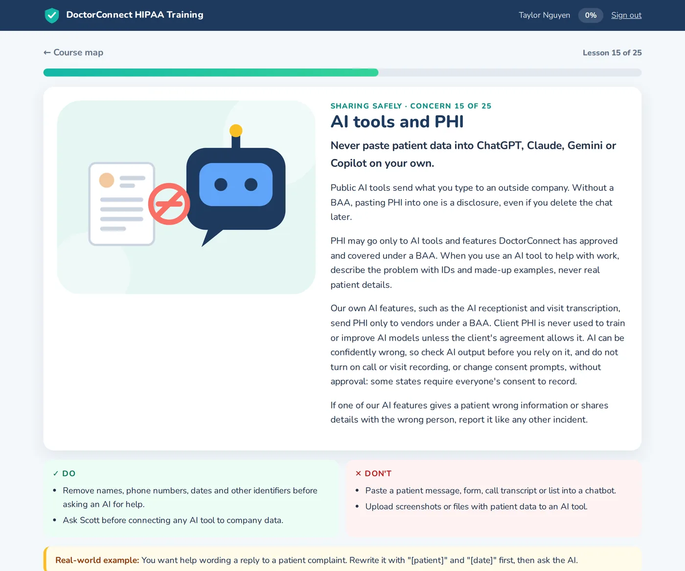 HIPAA training lesson on AI tools and PHI, with an illustration and do and don't lists