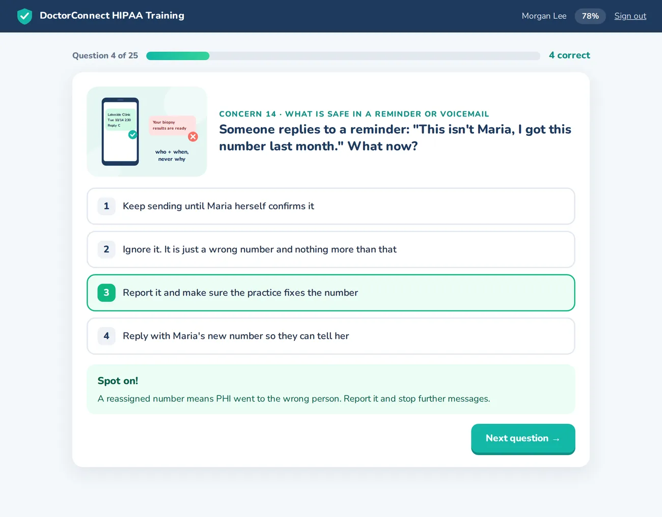 HIPAA quiz question about a reassigned phone number, showing the correct answer and a short explanation